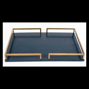 Interlude Blue Wood and Metal Rectangular Ottoman Coffee Table Serving Tray
